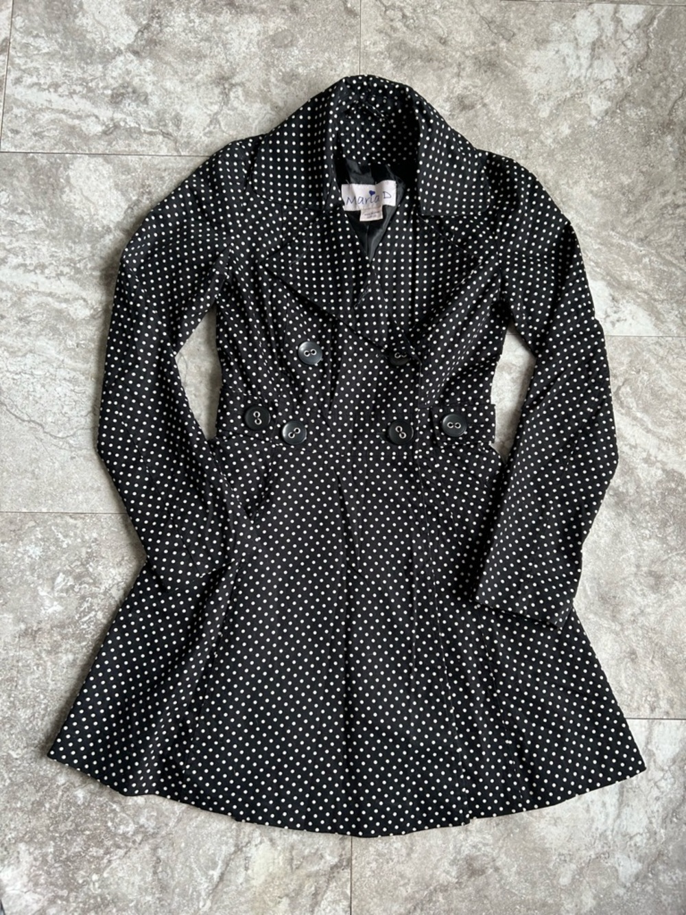 Maria D Black & White Polka Dot Double-Breasted Flare Bottom Trench Coat XS